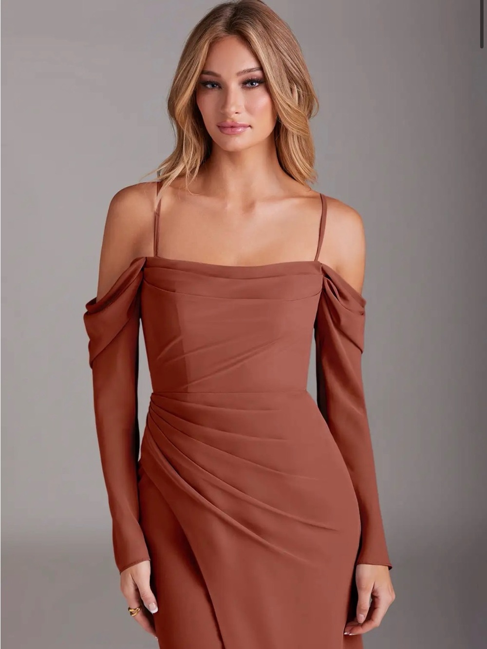 NWT Azazie Hallie Auburn Mermaid Long Sleeve Chiffon Dress, Size A10 - Picture 2 of 11